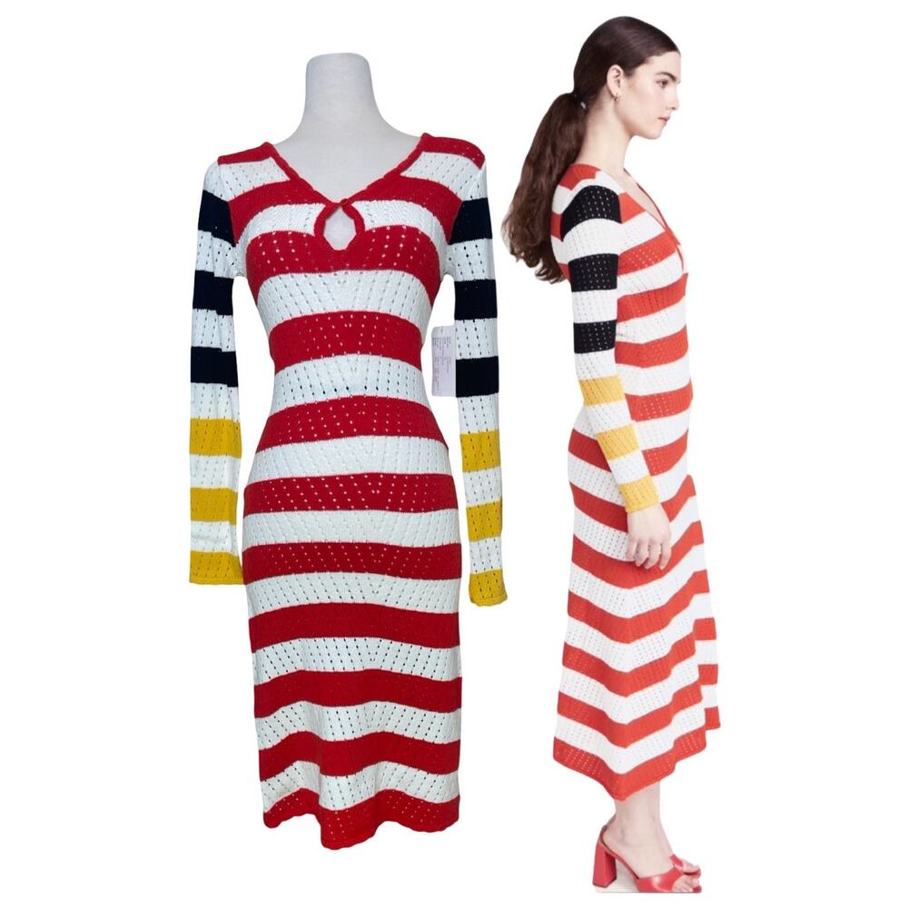 Striped Knit Midi Dress Boho Coastal Resort Red White Yellow Blue NWT  M